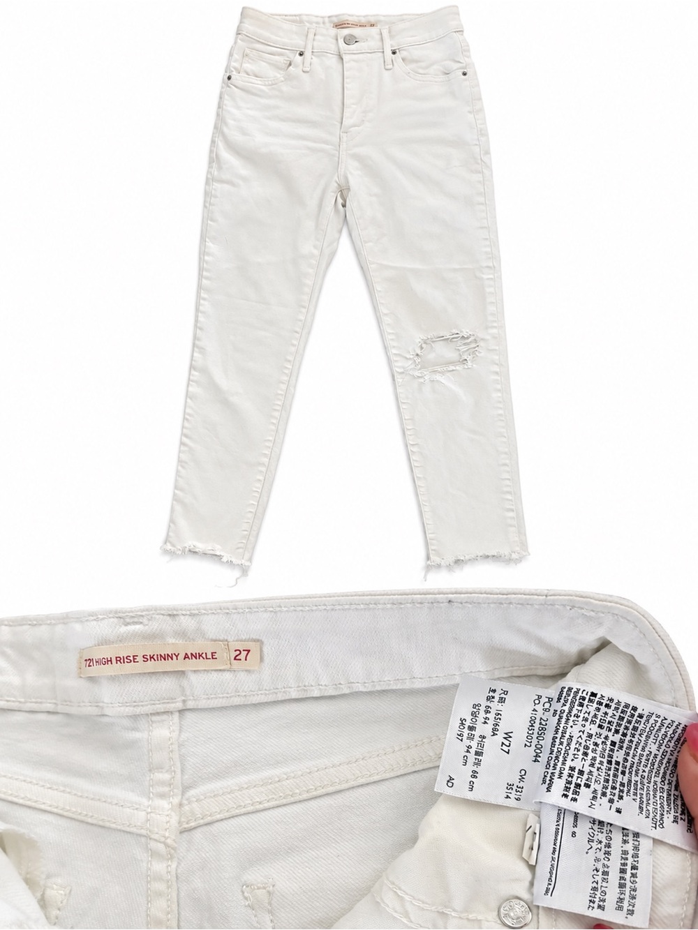 Levi’s 721 High Rise Skinny Ankle Jeans W27 White Distressed Raw Hem